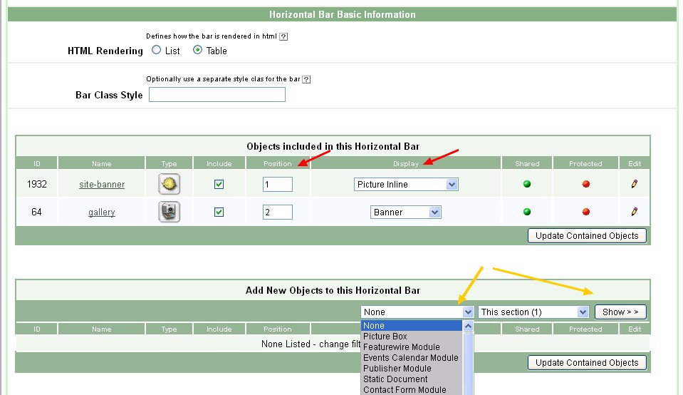 Fig 6.4: Relationship between horizontal menu and its contained objects